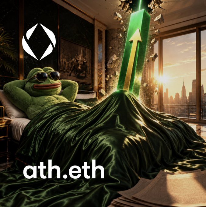 A surreal promotional image for 'ath.eth' featuring a frog wearing sunglasses lounging in bed under a green satin blanket, with a glowing green upward arrow and a city skyline view, alongside a white diamond/gem logo.
