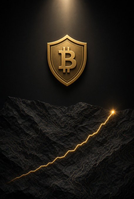 A gold Bitcoin shield emblem hovers above a dark, mountainous landscape with a glowing gold line charting a rising trajectory across the peaks.