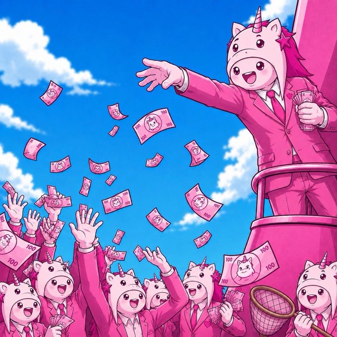 An anime-style illustration featuring a character in a pink suit and unicorn hat throwing pink banknotes to a crowd of similarly dressed unicorn-hat wearing characters below against a bright blue sky.