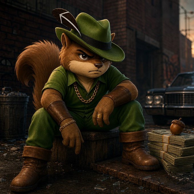 A 3D-rendered anthropomorphic chipmunk dressed in a green gangster outfit with a fedora, gold chain, and leather boots, sitting on a crate next to stacks of cash and an acorn in a gritty alley setting.