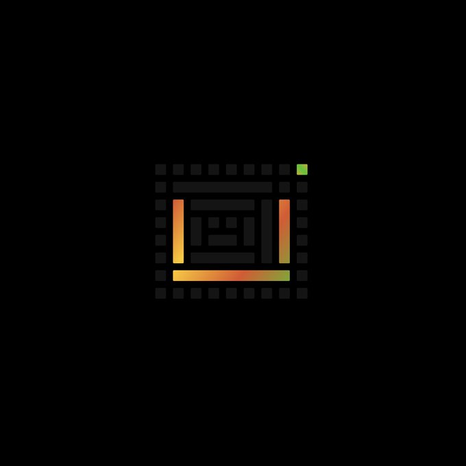 A logo design featuring a stylized microchip or circuit board graphic in orange and yellow gradient colors on a black background. A small green square sits in the upper right corner of the chip-like shape.