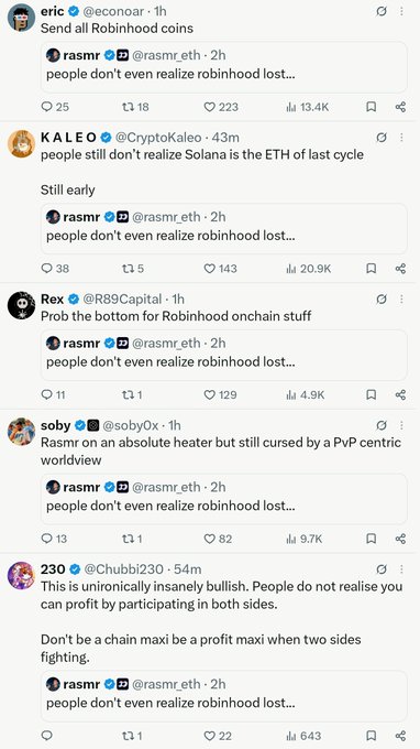 A series of X (Twitter) posts where crypto personalities like @CryptoKaleo, @R89Capital, and @sobyOx discuss @rasmr_eth's tweet 'people don't even realize robinhood lost..' amid views on Solana and ETH cycles.