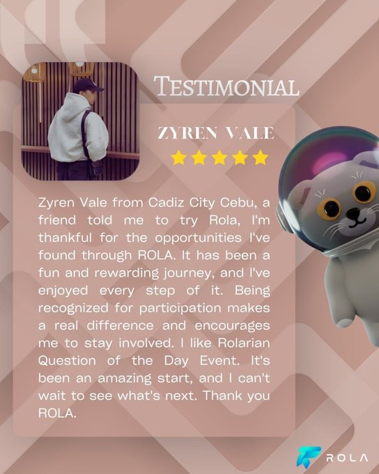 Testimonial graphic for ROLA featuring a 5-star review from ZYREN VALE of Cadiz City Cebu, accompanied by a white cat mascot in a space helmet and the ROLA logo.