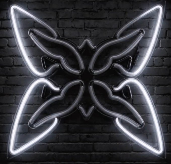 A white neon light in the shape of a butterfly mounted on a dark brick wall.
