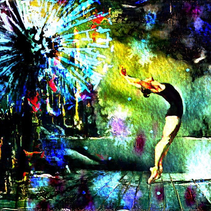 A vibrant, colorful digital painting shows a ballet dancer in a black leotard leaping backward in an arabesque pose against an abstract, multicolored background with explosive splashes of blue, yellow, and green.