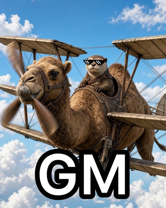 A humorous AI-generated image of an otter wearing pixelated sunglasses flying a biplane with a propeller, with the letters 'GM' overlaid at the bottom.