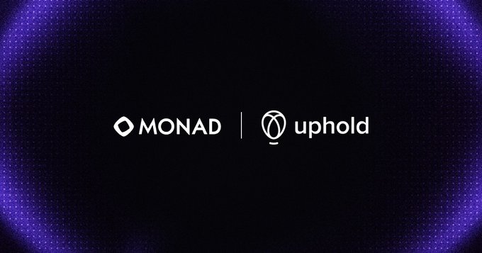 The image displays the logos of Monad and Uphold side by side on a dark purple background, visually announcing the partnership that makes MON trading available on the Uphold platform.