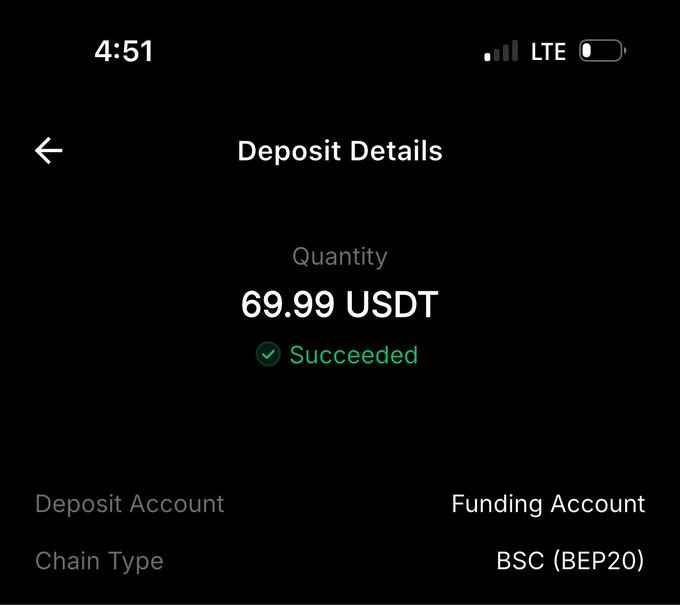 A mobile screenshot showing 'Deposit Details' for a successful transaction of 69.99 USDT via BSC (BEP20) chain.