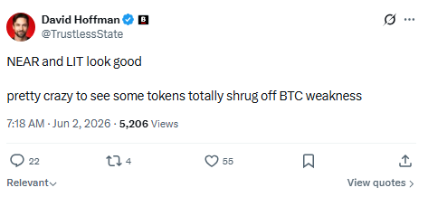 The image features a man with a beard wearing glasses, sitting behind a desk. The text of the post includes a quote from David Hoffman about Bitcoin, which reads "Near and Lit look good".
