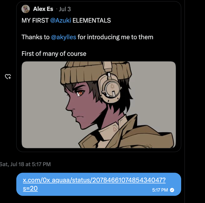 A tweet from Alex Es dated July 3 reads "MY FIRST @Azuki ELEMENTALS, Thanks to @akylles for introducing me to them, First of many of course," featuring an illustrated Azuki character in profile wearing headphones and a beanie. This supports the post's narrative, as Alex Es is one of the 10 new members brought into the Azuki community via the Azuki TCG since his birthday, having just acquired his first Elemental NFT.