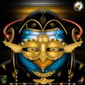 A colorful, surreal artwork featuring a face or mask with closed eyes and blue, flame-shaped elements emerging from it, with additional text or symbols visible at the top.