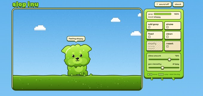 A pixel-art "slop inu" virtual pet sits on green grass saying "feeling sleepy," surrounded by a control panel with options like "add goop," "shake," "feed," "clean," and "reset," along with sliders for slime amount and goo viscosity—visually showcasing the interactive on-chain superintelligence companion described in the post.