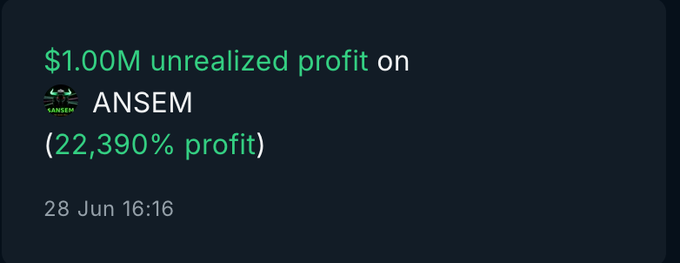 A dark-themed screenshot displays "$1.00M unrealized profit on ANSEM (22,390% profit)" dated 28 Jun 16:16, visually supporting the post's claim of turning $2K into $1M through the $ANSEM token in just four days.