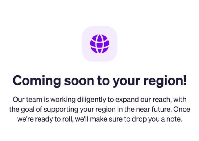 A notification graphic displays a purple globe icon with the text 'Coming soon to your region!' and a message about expanding regional support.