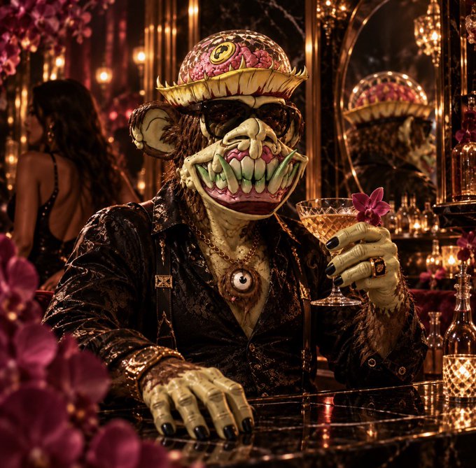 A grotesque, cartoonish character with an oversized grinning mouth, wearing a floral cap and skull-adorned clothing, holds a cocktail glass with a pink flower garnish in an opulent bar setting.