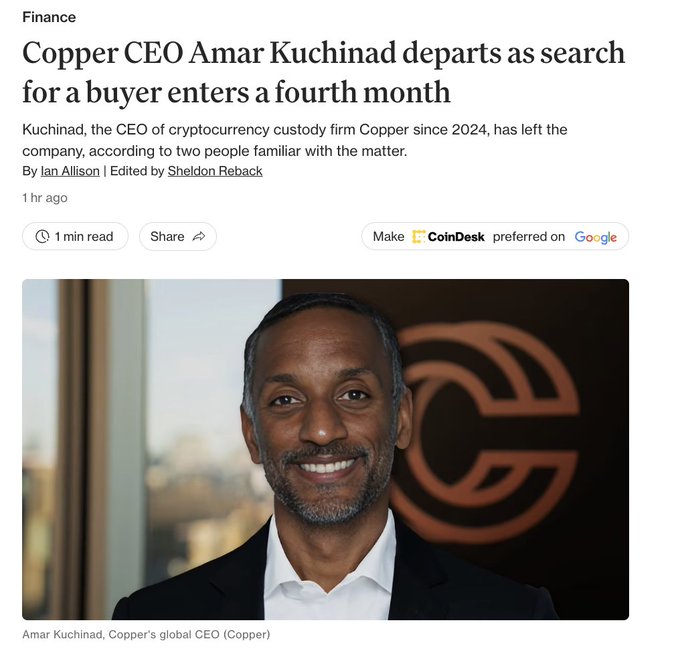 A CoinDesk Finance article reports that Copper CEO Amar Kuchinad has departed as the company’s search for a buyer enters its fourth month. The image shows Kuchinad, identified as Copper’s global CEO, and notes the article was written by Ian Allison and edited by Sheldon Reback.