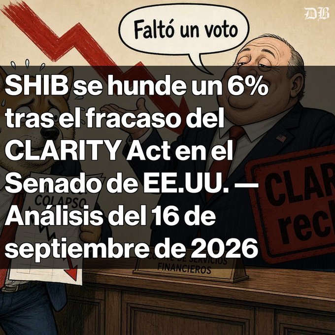 A cartoon-style graphic in Spanish with a Down arrow and text: 'Faltó un voto. SHIB se hunde un 6% tras el fracaso del CLARITY Act en el Senado de EE.UU. — Análisis del 16 de septiembre de 2026,' showing a Shiba Inu dog and a politician beside a 'CLARITY Act' sign.