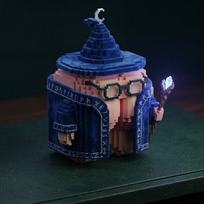 A 3D voxel-style rendering of a wizard character with a long nose, glasses, a blue robe covered in runes, a pointed hat with a crescent moon, and a glowing staff.