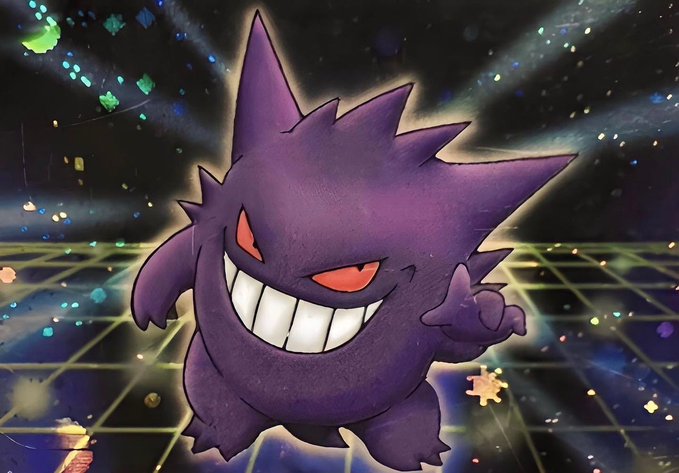 Gengar, the purple ghost Pokémon, grins menacingly against a vibrant retro grid background with colorful confetti and light rays.