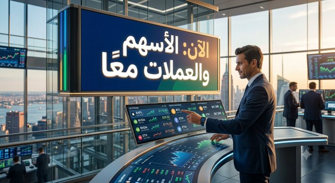 A professional trader in a suit examines a large digital display showing stock tickers (AAPL, TSLA, NVDA, ETH) and a prominent Arabic screen reading "الآن: الأسهم والعملات معًا" (Now: Stocks and currencies together), set in a modern financial trading floor with a city skyline in the background. The image visually reinforces the post's theme of Binance's bStocks bridging traditional Wall Street equities with cryptocurrency markets.
