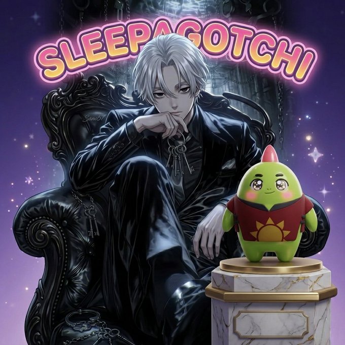 A dark-haired anime character sits on an ornate black throne holding keys, while a green "Sleepagotchi" dinosaur mascot stands on a marble pedestal beside him, with the neon title "SLEEPAGOTCHI" glowing above—visually representing the post's theme of sleep being transformed into a gamified progression journey that powers stronger Dino development and AI-driven recovery in the Sleepagotchi ecosystem.
