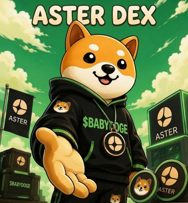 A cartoon Shiba Inu dog wearing a black and green hoodie labeled "$BABYDOGE" extends its hand forward, surrounded by "ASTER DEX" branded crates and flags against a green cloudy sky. The image directly supports the post's call to list Baby Doge Coin on the Aster DEX by featuring both "$BABYDOGE" and "ASTER" branding together.