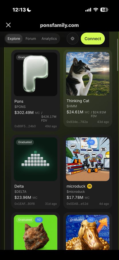 A mobile screenshot of ponsfamily.com displays NFT collections including 'Pons' ($302.49M MC), 'Thinking Cat' ($24.61M MC), 'Delta' ($23.96M MC), and 'microduck' ($17.78M MC).