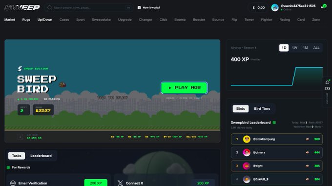 Screenshot of the SWEEP platform displaying a 'SWEEP BIRD' crypto game interface with a 'PLAY NOW' button, leaderboard rankings, and navigation menu.