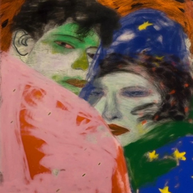 An expressive expressionist painting depicting two figures with distorted faces in green and blue tones, set against a vivid pink and orange background.