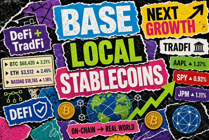 A colorful collage of stickers and graphics about cryptocurrency, featuring 'BASE LOCAL STABLECOINS', 'NEXT GROWTH', 'DeFi + TradFi', and price tickers including 'BTC $68,420 ▲ 3.21%', 'ETH $3,512 ▲ 2.45%', 'NASDAQ $18,765 ▲ 1.18%', 'AAPL ▲ 1.37%', 'SPY ▲ 0.92%', and 'JPM ▲ 1.11%'.