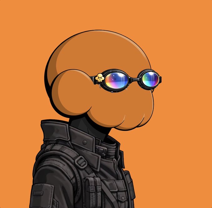 Stylized illustration of an astronaut-like figure in a black tactical suit and reflective round goggles against a plain orange background.