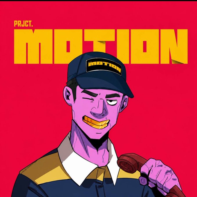 An animated illustration of a purple-skinned character wearing a 'MOTION' cap and striped shirt, holding a pipe, set against a red background with yellow 'PRJCT. MOTION' text.