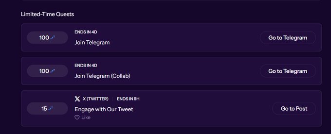 A screenshot of a 'Limited-Time Quests' section from a website, listing tasks like 'Join Telegram' and 'Engage with Our Tweet' on X (Twitter) with point rewards.