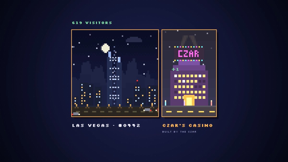 A pixel art style image showing a Las Vegas cityscape with the text "619 VISITORS" and "LAS VEGAS - 01772" below it, next to a purple building labeled "CZAR'S CASINO" with "BUILT BY THE CZAR" underneath.