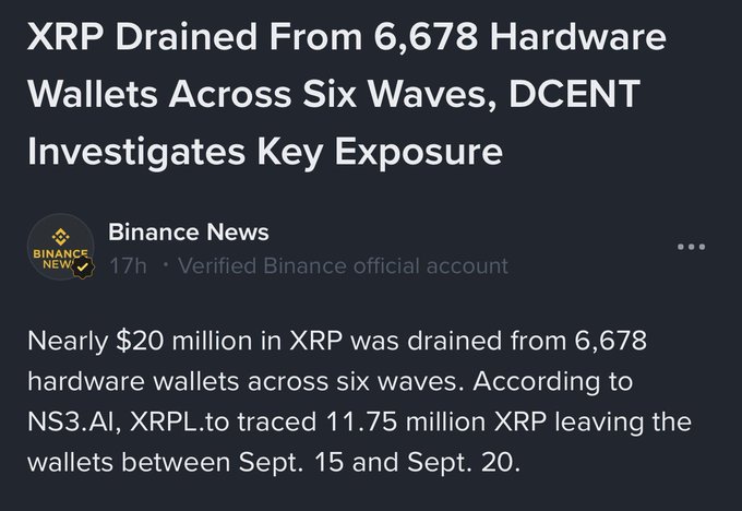 A Binance News article headlined 'XRP Drained From 6,678 Hardware Wallets Across Six Waves, DCENT Investigates Key Exposure,' reporting nearly $20 million in XRP drained from hardware wallets between Sept. 15 and Sept. 20.