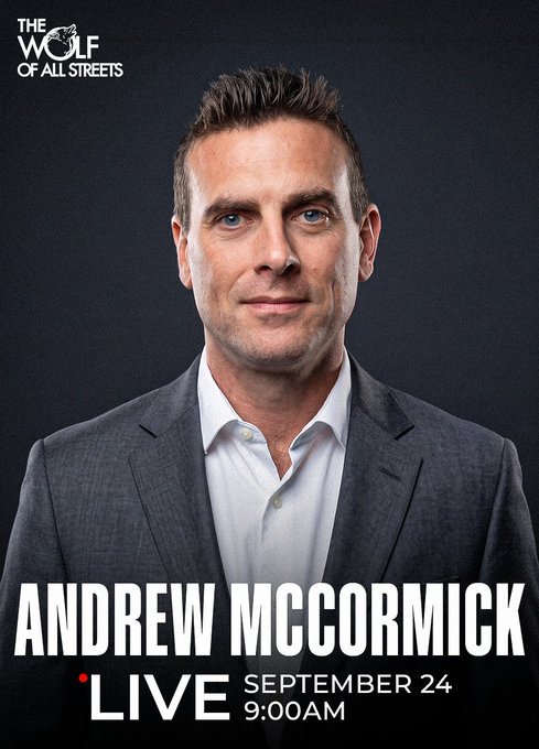 A promotional graphic from "The Wolf of All Streets" featuring a headshot of Andrew McCormick in a gray suit, advertising his live appearance on September 24 at 9:00 AM to discuss Bitcoin sliding to $83K amid bond market turmoil, directly tying into the post's topic of market analysis.