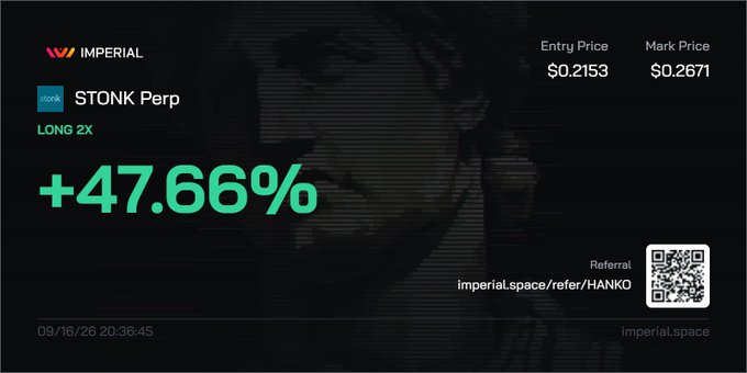 A promotional graphic for IMPERIAL showing a STONK Perp long 2x position with +47.66% gain, featuring a referral code 'imperial.space/refer/HANKO' and a QR code.