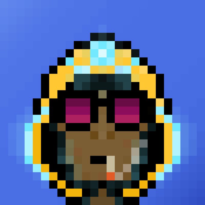 A pixel art portrait of a person with dark skin wearing a gold and teal Egyptian-style headdress with a magenta gem, set against a blue background.