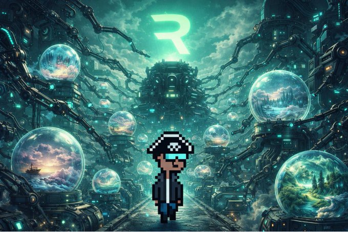 A pixel-art character in sunglasses and a jacket stands before a glowing teal cyberpunk cityscape with floating orbs and a large 'R' symbol above.