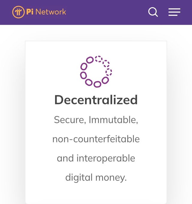 A Pi Network app interface displaying the Pi logo and text promoting decentralized, secure, immutable, non-counterfeitable, and interoperable digital money.