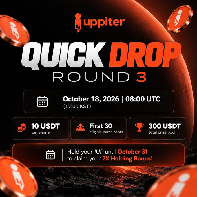 An advertisement for jupiter's QUICK DROP Round 3, scheduled for October 18, 2026 at 08:00 UTC, offering 10 USDT per winner to the first 30 eligible participants.