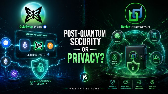 A promotional graphic comparing 'POST-QUANTUM SECURITY' via QuipSwap on Base with 'PRIVACY?' via the Beldex Privacy Network, asking 'WHAT MATTERS MORE?'