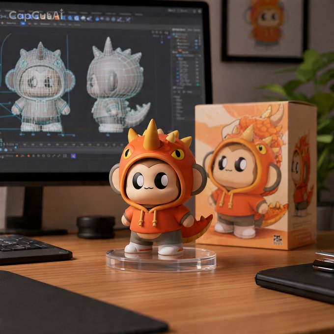 A 3D render of an orange, dragon-hooded designer toy figure displayed on a desk alongside its packaging box, with a laptop screen behind it showing the 3D modeling process in CapCut AI software.