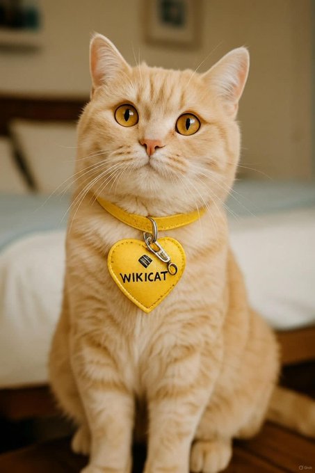 A cream-colored cat wears a yellow heart-shaped tag labeled "WIKICAT" around its neck, sitting on a wooden floor with a bed in the background. The image humorously connects to the post about $WKC, suggesting that despite any potential listing on Binance, the token may still fall short of the high market cap expectations—much like an adorable cat remains just a cat regardless of the accessories it wears.
