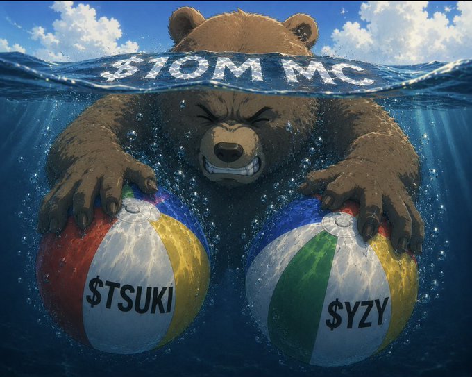 A bearish market illustration showing a large brown bear emerging from water holding $TSUKI and $YZY beach balls, with '$10M MC' displayed above.