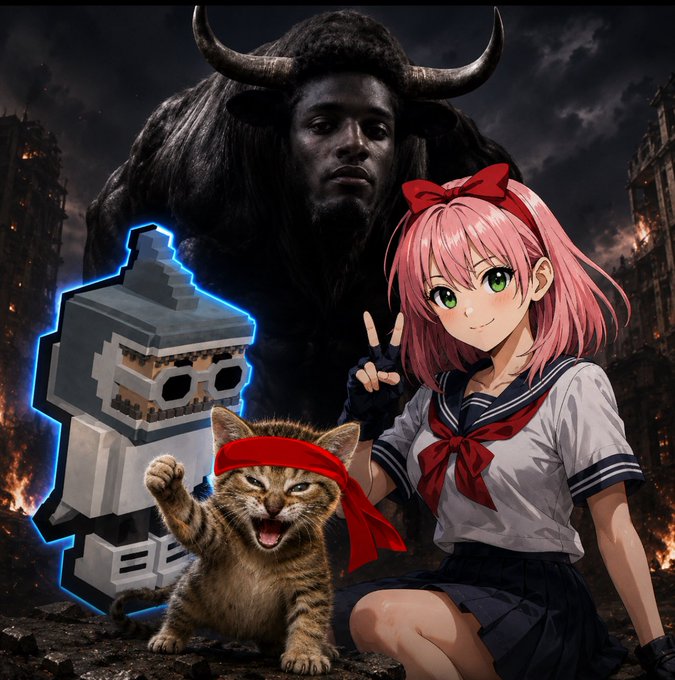 A chaotic digital artwork featuring a large horned figure looming over anime-style elements, including a pink-haired girl in a sailor uniform making a peace sign, a pixelated mech character, and a fierce kitten with a red headband.