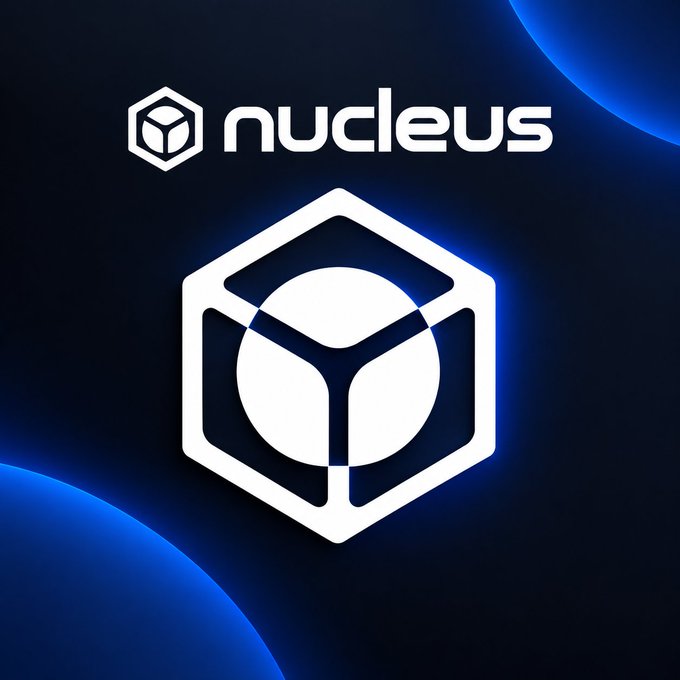 Logo design featuring the word 'nucleus' above a hexagonal 3D cube icon with a glowing blue aura against a dark background.
