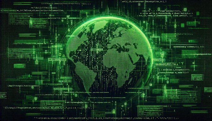A digital globe rendered in glowing green matrix-style code floats against a backdrop of cascading programming text, with partially legible strings such as "0x40c65.017" and file paths like "/;confi\\/fagsmeun.cbrlovac.lvs" suggesting cryptographic or blockchain data. The image visually reinforces the post's cryptic narrative about a near-complete system update (99.9% loaded) tied to ISO 20022, framing the global financial ledger as an omnipresent, watchful force on the verge of transformation.