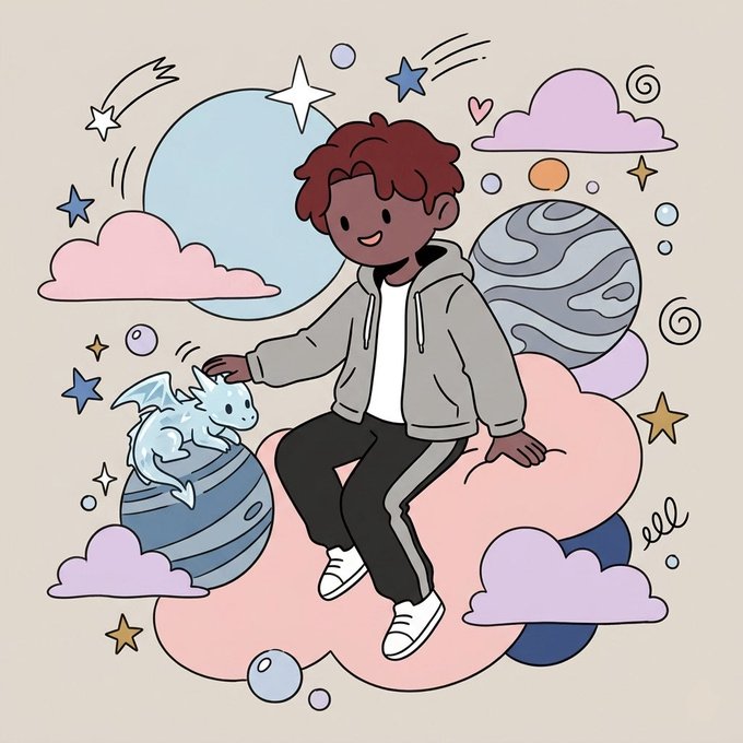 A cartoon illustration of a smiling boy with brown hair in a gray hoodie sitting on a pink cloud surrounded by pastel planets, stars, and a small white dragon perched on a smaller planet.