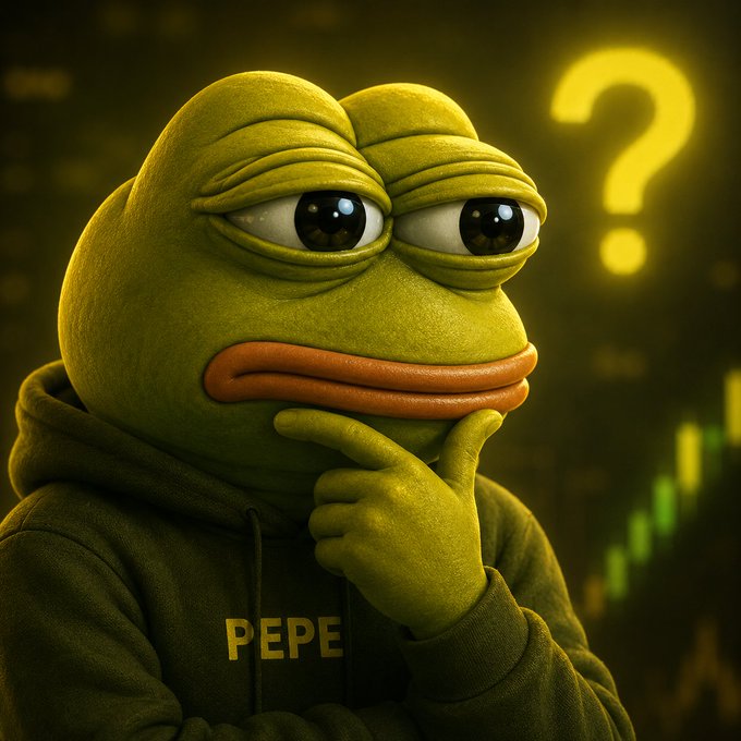 A 3D-rendered Pepe the Frog character wearing a green hoodie with "PEPE" written on it, posing in a thoughtful manner with a large yellow question mark floating beside him.